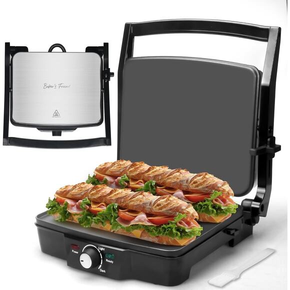 Baker's Friend Panini Press Electric Griddle, Panini Grill Press Sandwich Maker - Picture 1 of 5